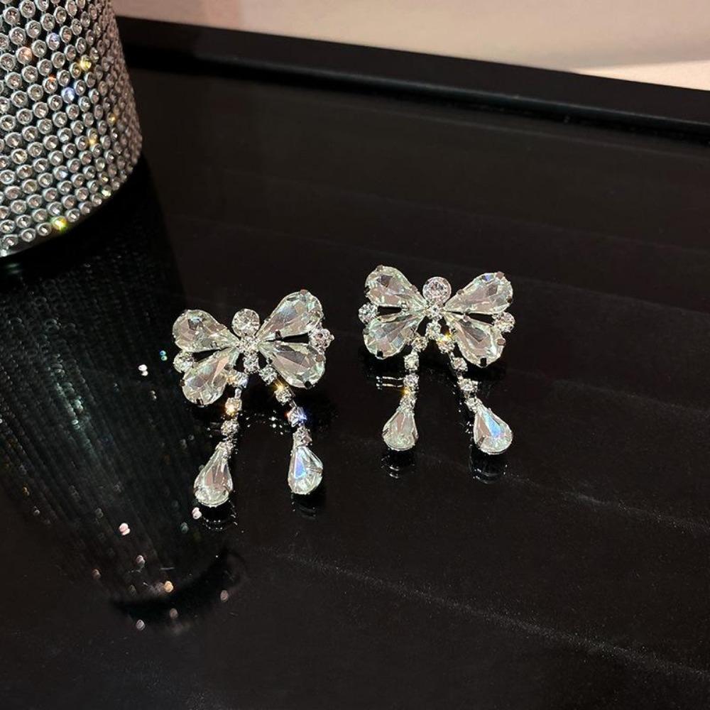 Bowknot Rhinestone Dangle Earrings for Women Long Tassel Pearl Earrings Weddings Party Zircon