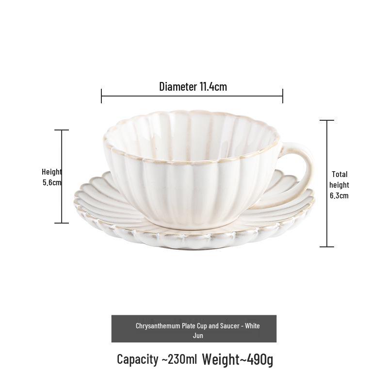 

Japanese-Style Ceramic Chrysanthemum Coffee Cup & Saucer Set – Pure White Latte Cup for High-End Afternoon Tea. 230ml