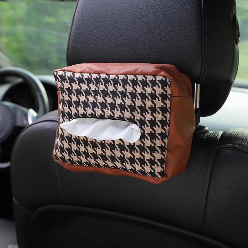 Multifunctional Knitted Houndstooth Hanging Backseat Car Tissue Box For Home And Vehicle