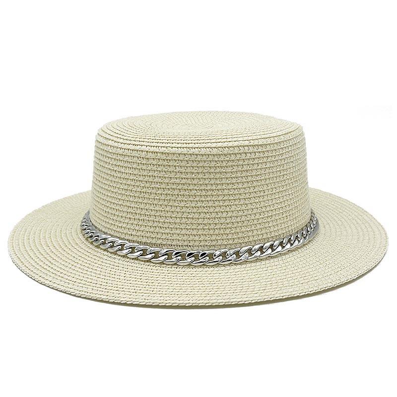 Spring and summer women's travel sunscreen straw hat fashion chain solid color beach British style jazz hat Hats