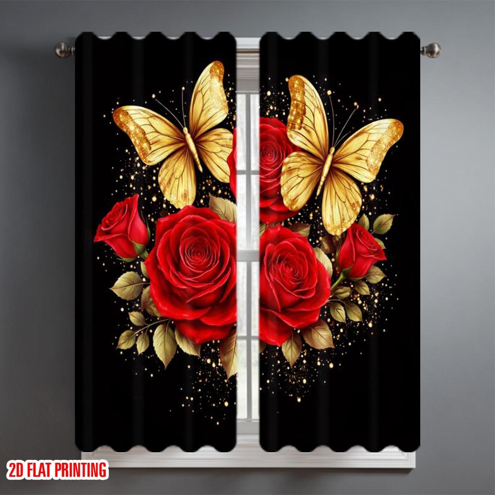 2D flat printing 2pcs Curtain Window Drapes Valentine's Roses and Butterflies Digital Printed Polyester Drapes Family Party