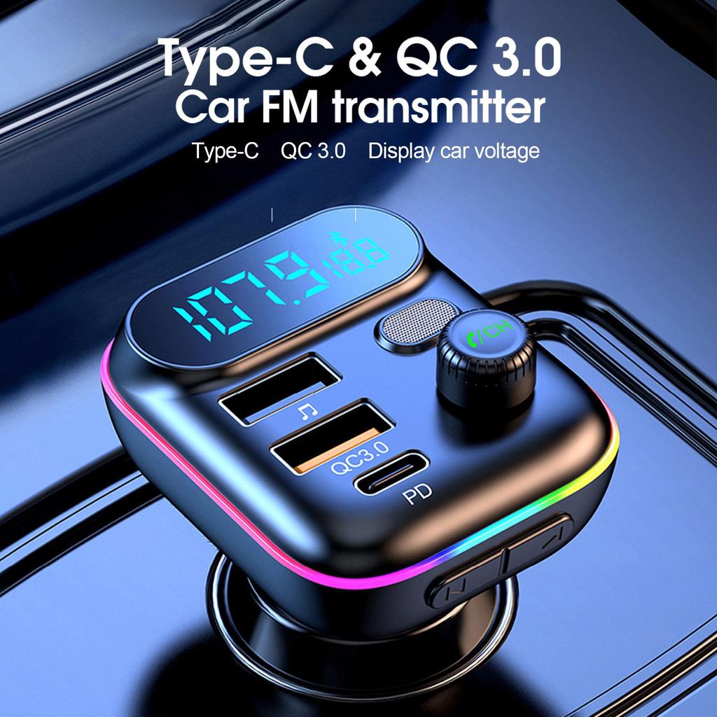 Car Bluetooth 5.0 FM Transmitter PD 20W Type-C QC3.0 Dual MP3 Charger Colorful Player Music Light Lossless Atmosphere USB F5C6