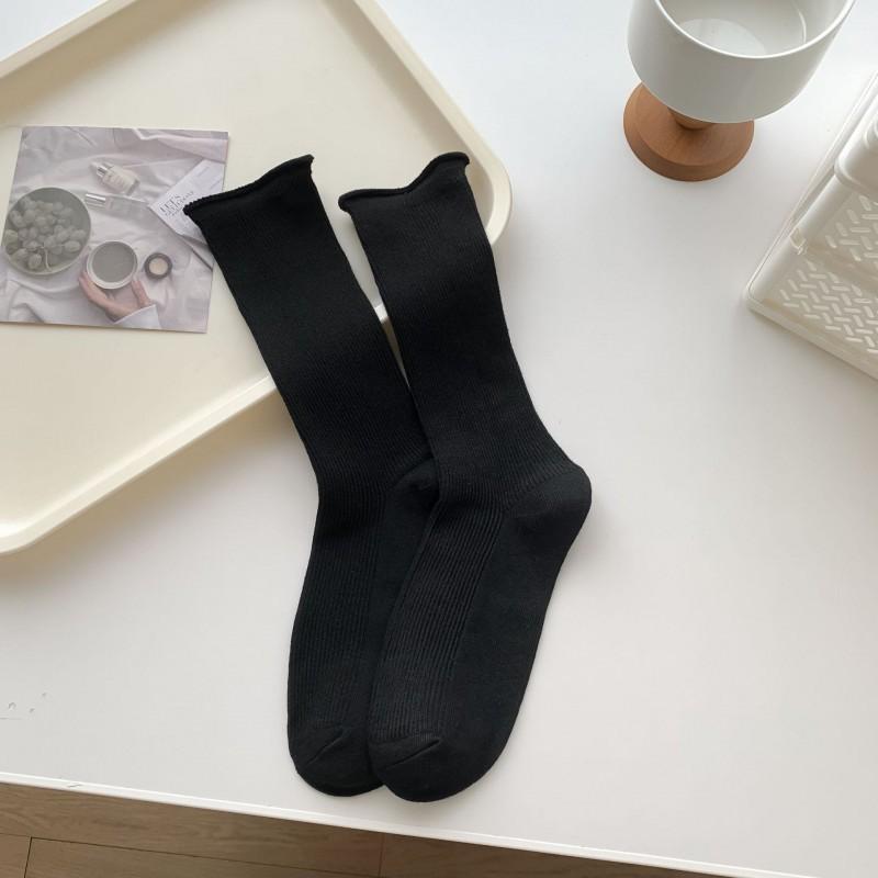 Curled Socks Children s Mid-tube Ins Trendy Pure Color Preppy Style Japanese Paired With Small Leather Shoes Long Tube Piled One Size чёрный