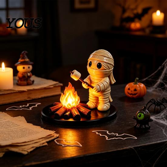 Cute Resin Spooky Decor Halloween Campfire Tealight Holder, Matte Ghost Mummy Scarecrow Figurine, Stable Niche Handmade Art Round Base Table