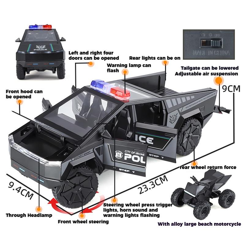 1/24 Tesla Police Cybertruck Off Road Alloy Metal Diecast Model Car Outdoor Collections Classic Trendy Toy Decorations Valentine Kids