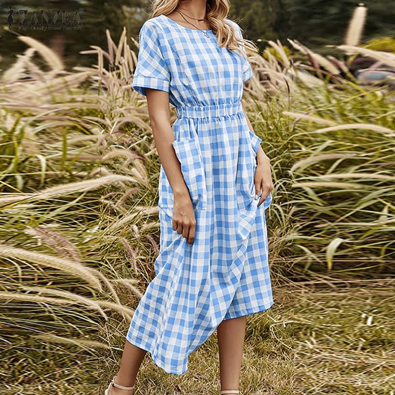 

ZANZEA Женщины O-образный вырез Короткий рукав Клетчатый принт Платье Лето Повседневная эластичная талия Slim Fit Платье