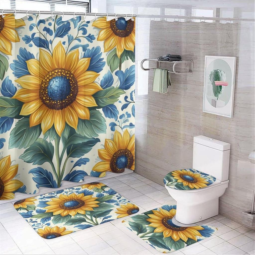Bathroom Curtain And Rug Set, Sunflower Pattern Printed On Shower Curtain And Bath Mat Set, Designed For Farmhouse Contemporary
