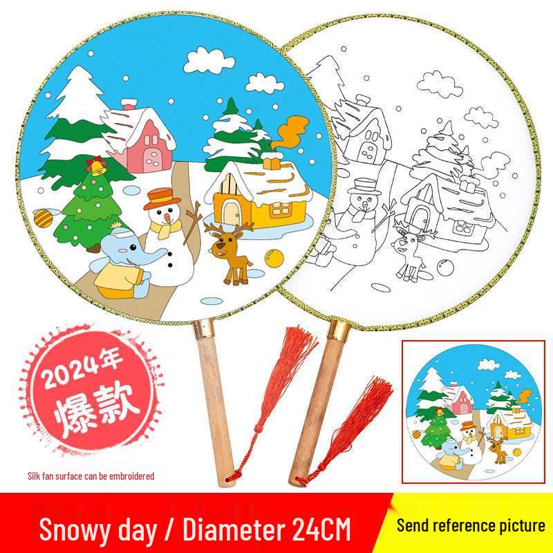 DIY Children's Silk Cloth Round Fan with Bamboo Handle - Palace Style Hand-Painted Kindergarten Craft