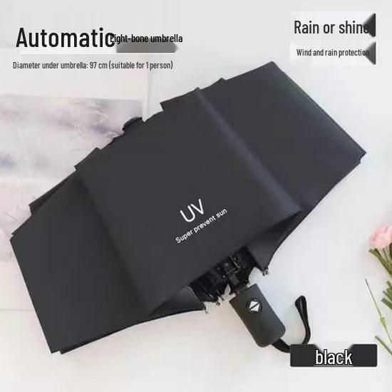 Automatic UV Three-Fold Umbrella - Black Glue Sun/Rain Protection with Printed Logo