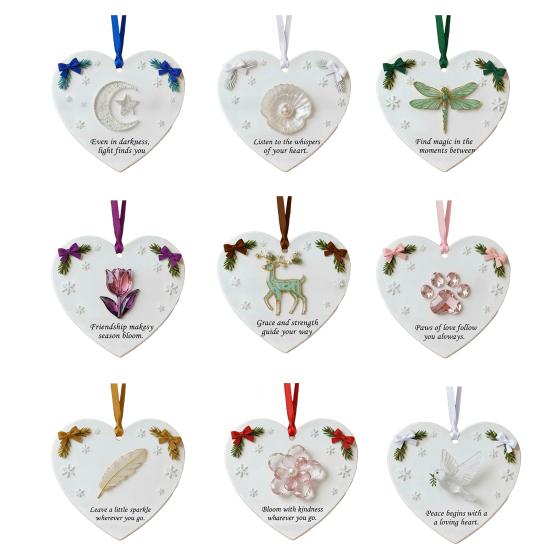 Heart Shaped Christmas Ornament Heartfelt Feather/Dragonfly/Deer/Flower Christmas Decoration Inspirational Acrylic Keepsake for Tree Holiday Decor