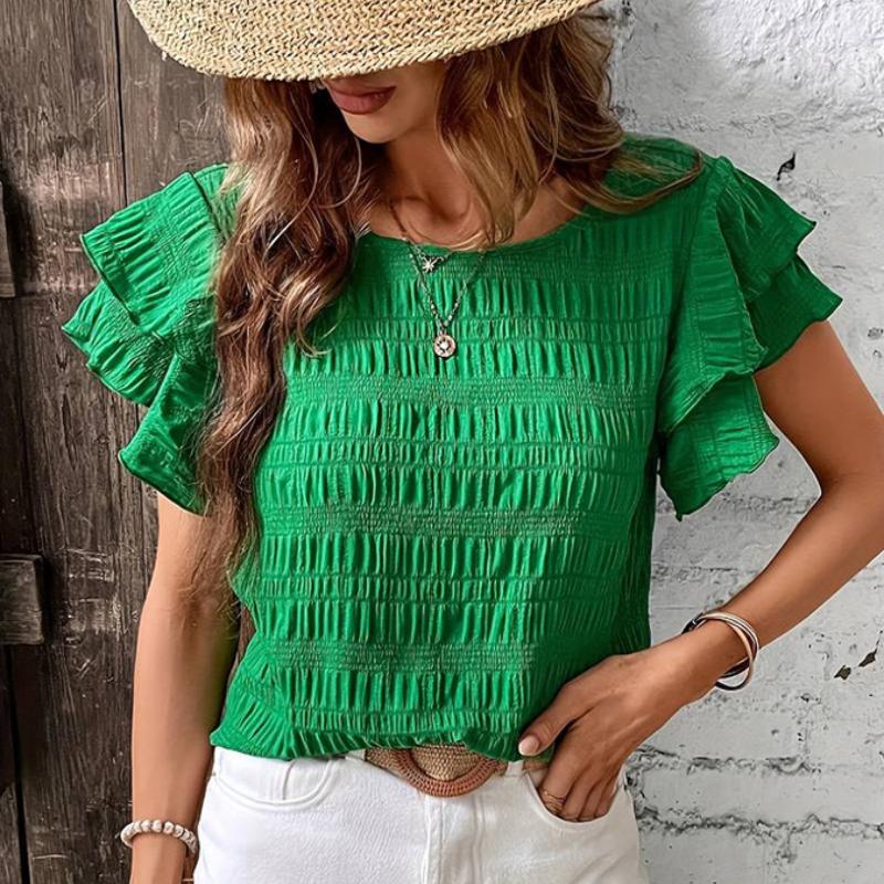 Letní Nové Tričko s Kulatým Výstřihem a Volánovými Rukávy Casual Top pro Ženy Módní Elegantní Vintage Plisované Dámské Volné Halenky Dovolená Slim Dámská Košile 26487