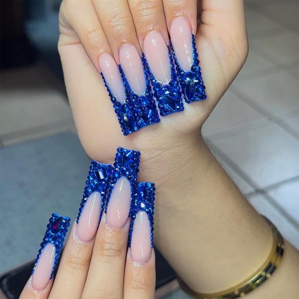Handmade New Style Blue Diamond Sparkling Long Tube False Nails