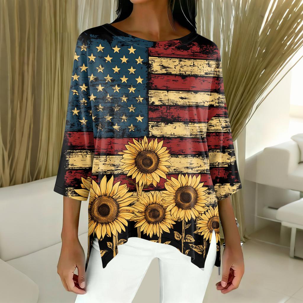 Women's Fashion Independence Day Print Three-Quarter Sleeve Top