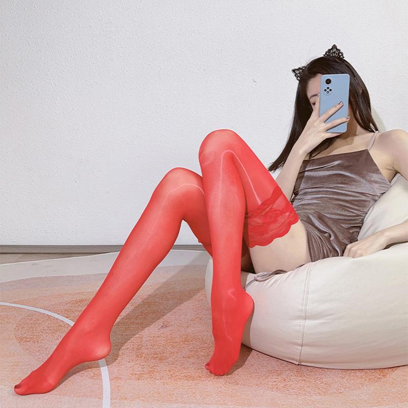 Horse Oil Women Stockings Sexy Shiny Satin Lace Top Silicone Anti-skid Legs Socks Summer Pantyhose Tight Female Smoothly Hosiery