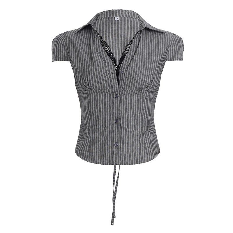 American-Style Commuter Style Lace Patchwork Striped Color-Blocked Collared Shirt, Sexy Slim-Fit Casual Short Top Gray S