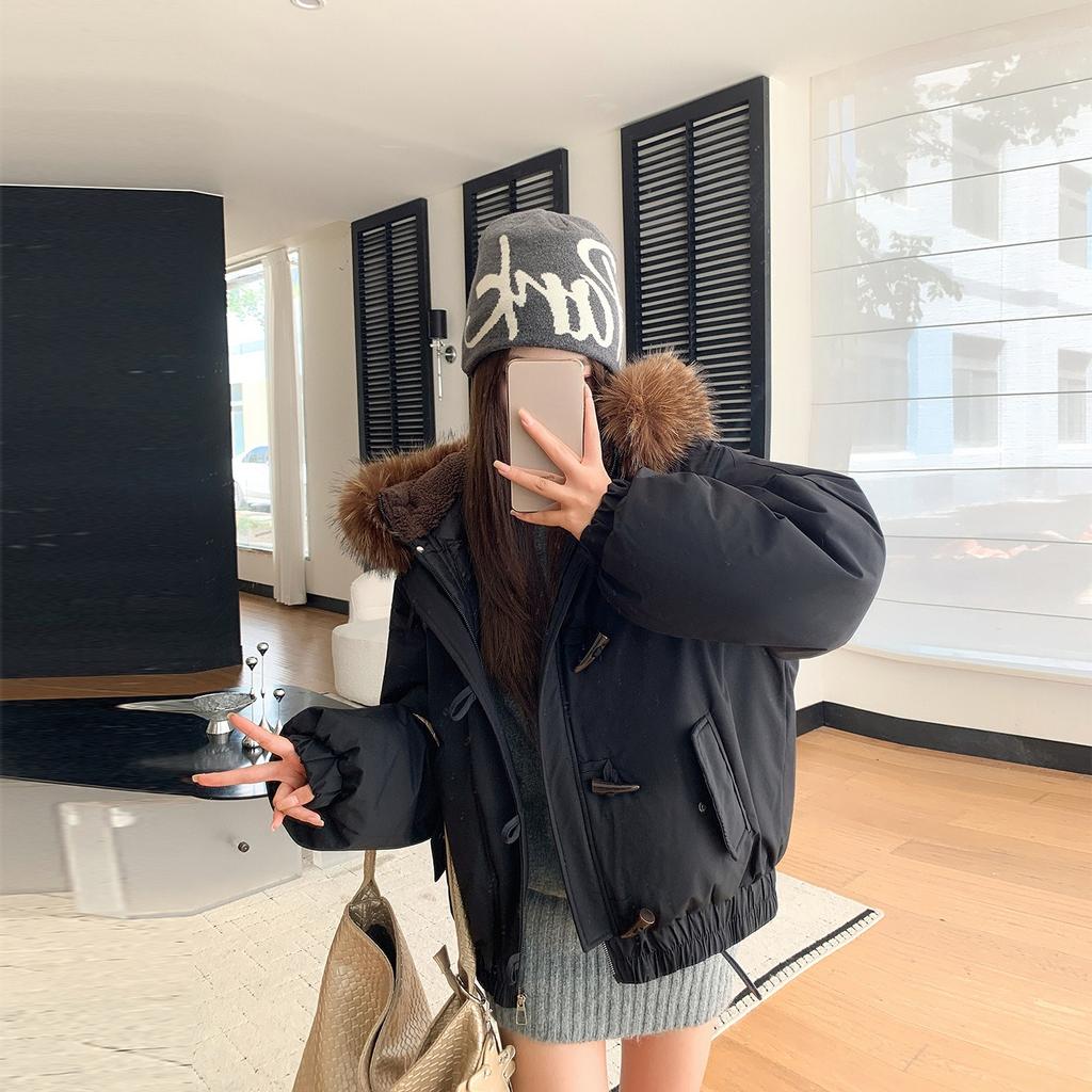 Damska nowa kurtka z kapturem z kołnierzem z futra, zapinana na guziki z rogu, zimowa, lekka, ocieplana, puszysta, ciepła, luźna, z wysokiej jakości tkaniny, casualowa, sportowa, bawełniana odzież