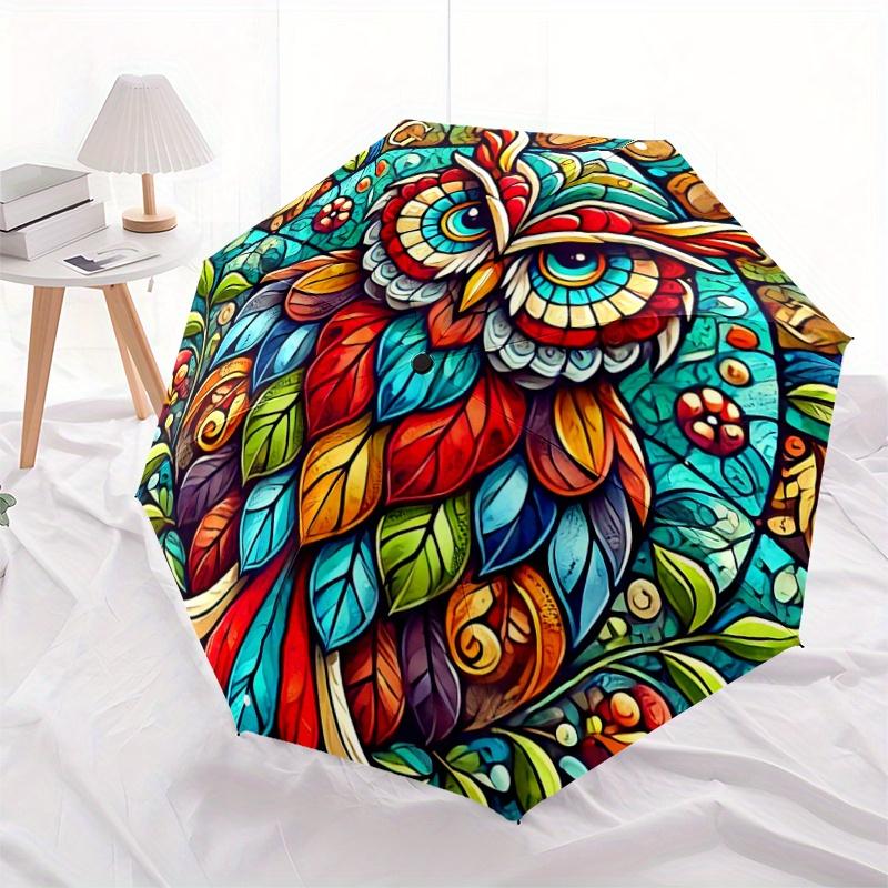 1pc Colorful Owl Pattern Automatic Opening and Closing Umbrella - Lightweight 3-Fold Design, Suitable for Fans, Travel, Daily Use - Official Prod