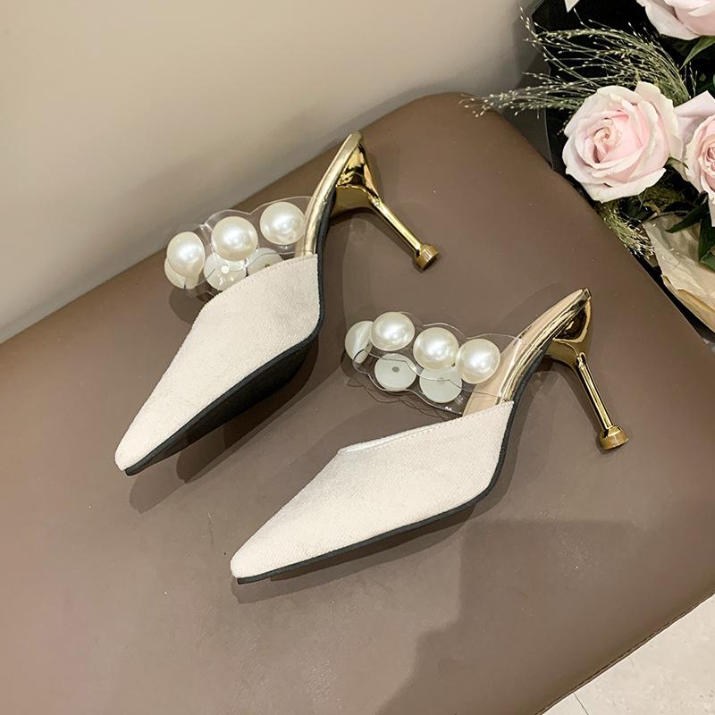 Baotou Half-drag Women's Outer Wear 2025 Summer New Korean Version New Pointed Pearl One-word Strap Foot Slippers