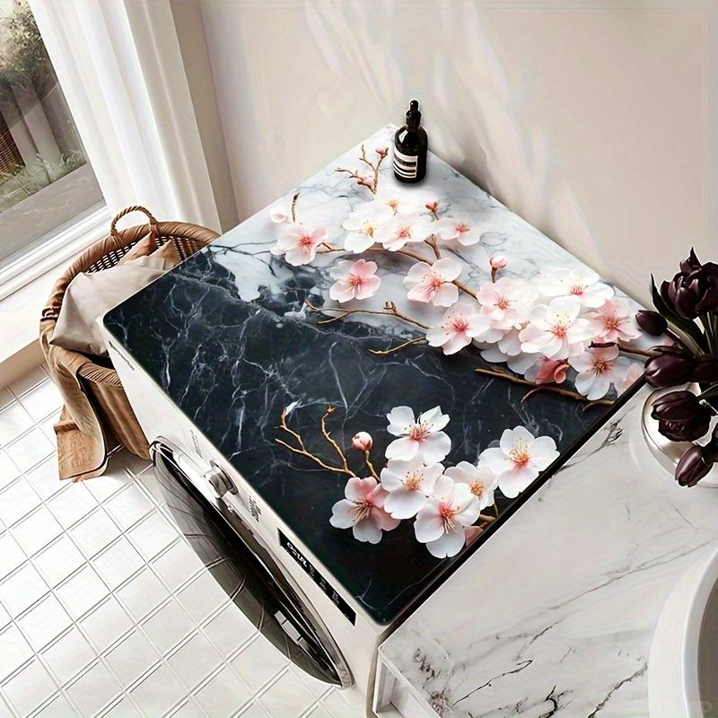 1pc  Marble-Style Washing Machine Cover with Cherry Blossom Design - Durable, Easy-Clean Mat for Washing Machines & Dryers