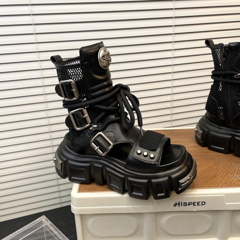Fashion Women's Fashion Summer Cool Boots Metal Belt Buckle Retro Womens Sandal Platform Hollow Out Punk Belt Buckle Sandals Botas Mujer