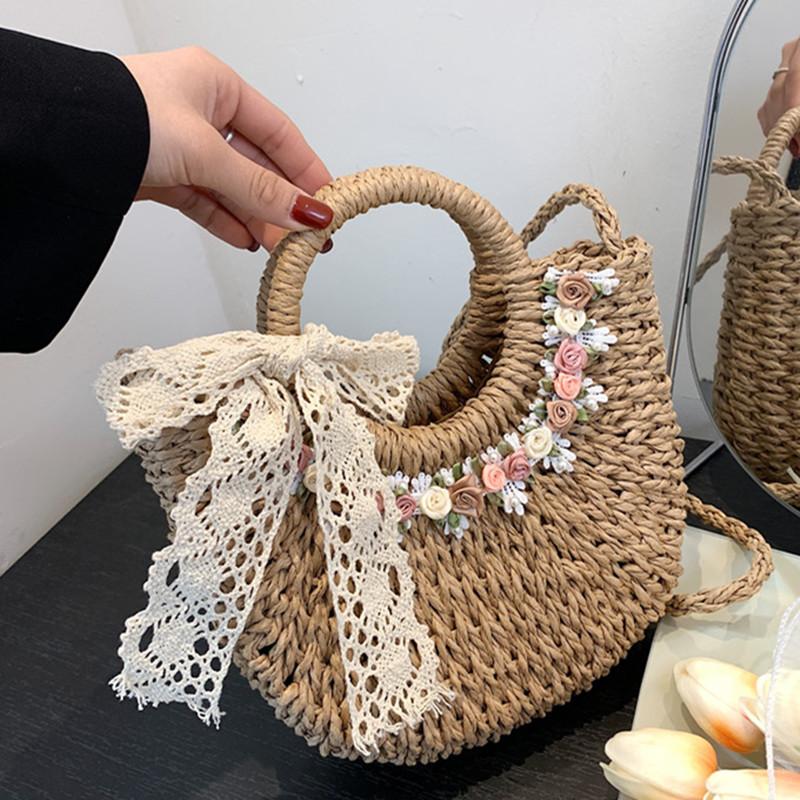 New Summer Handmade Straw Bag Women Beach Weaving Ladies Moon Shape Design Flower Women's Tote Shoulder Crossbody Bag
