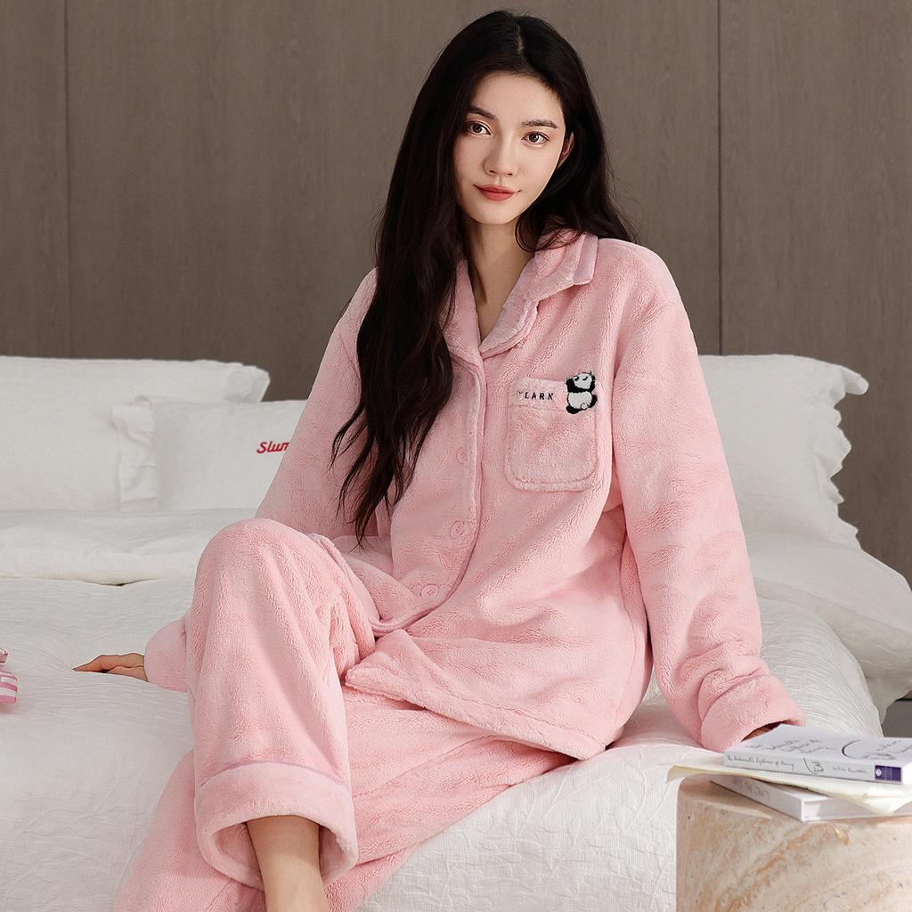 Coral Fleece Pajamas Women'S Autumn And Winter Thickened Fleece Flannel High-End Sweet And Warm Winter Loungewear Set
