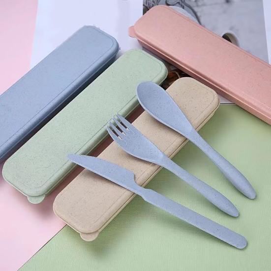 Conjunto de talheres portáteis reutilizáveis de 3 unidades com caixa de armazenamento Conjunto de talheres de plástico de boa aderência para crianças e adultos colher garfo cortador para viagens de piquenique de acampamento