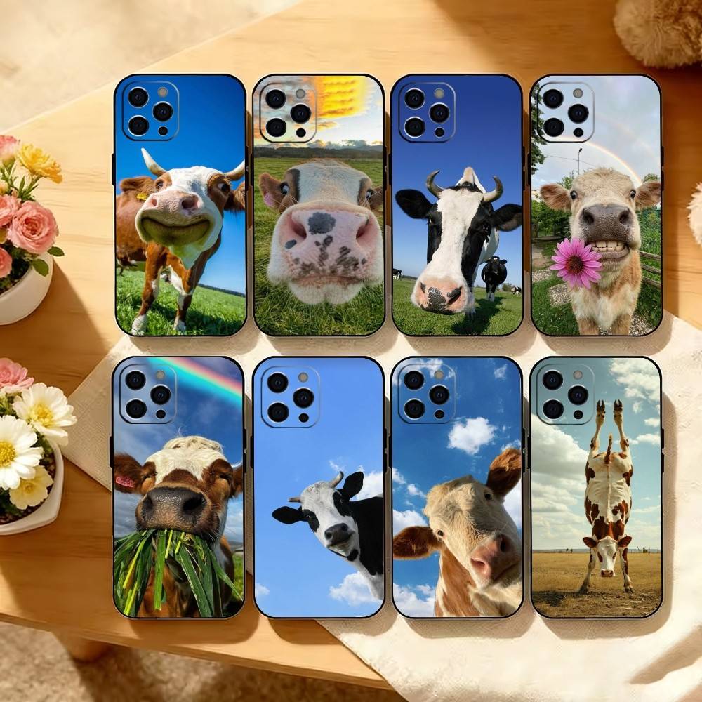 Cute Cattle Phone Case For iPhone 17,16,15,14,13,12,11 Plus,Pro Max,XS,Soft Silicone Black Cover