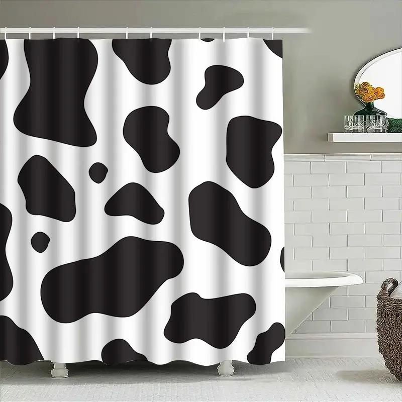 Black White Cow Print Shower Curtain Bathroom Decor, Modern Style Bathtub Liner With Rings For Home Bath (Large Size)