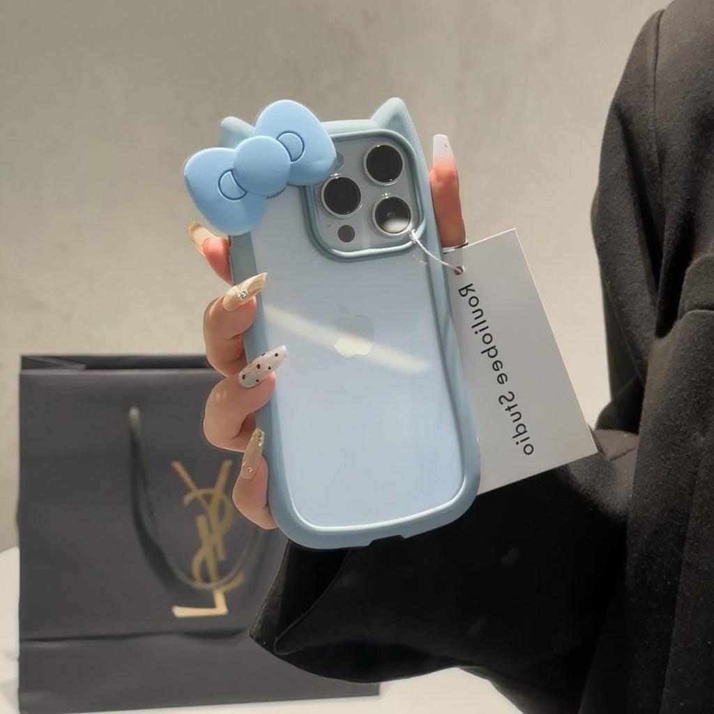 Custodia carina con orecchie da gatto in silicone con fiocco per iPhone 16 Plus 15 14ProMax 13 12 11 Trasparente Antiurto Rigida Acrilico Bumper Cover Posteriore
