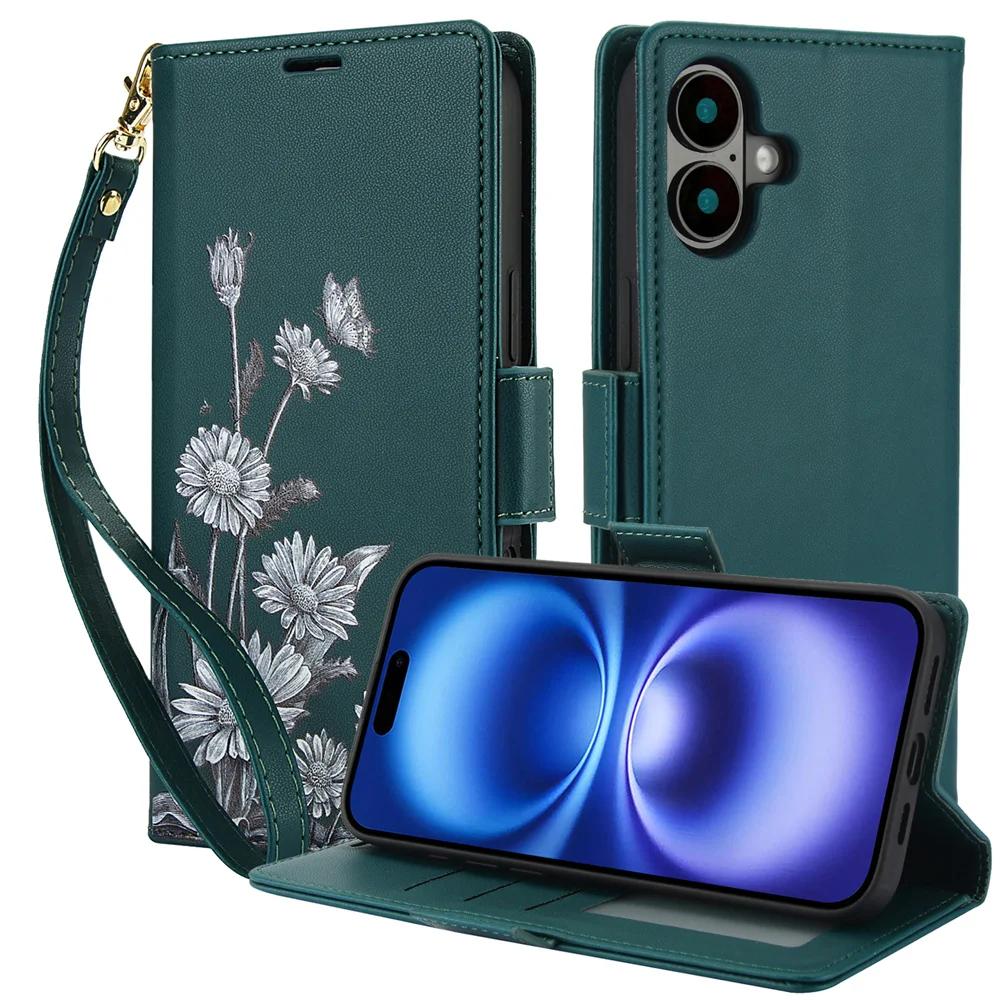 

Чехол-книжка с держателем для карт для iPhone 16E 16 15 14 Plus 13 12 11 Pro Max XS XR X 7 8 Ремешок на запястье Кожаная обложка For iPhone 16E