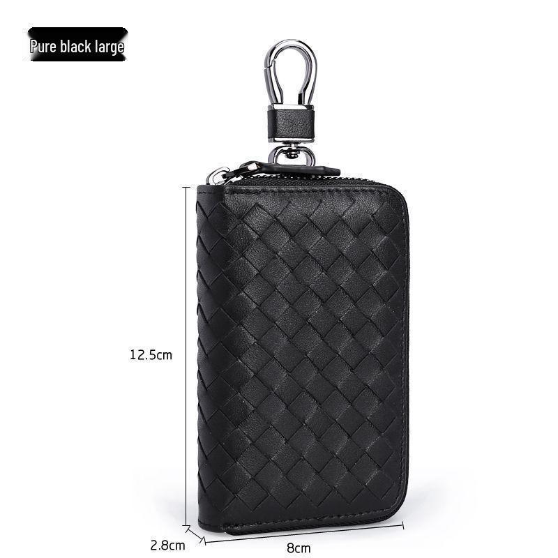Men's Knitted Leather Car Key Pouch - Large Capacity Zipper Key Holder with Portable Keychain