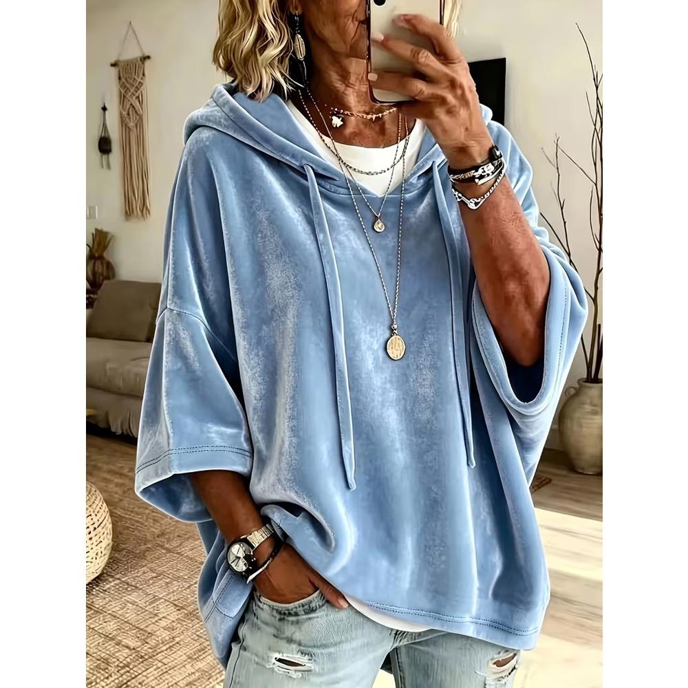 Damska gładka welurowa bluza z kapturem i rękawem 3/4, casualowy top hoodie na jesień zimę