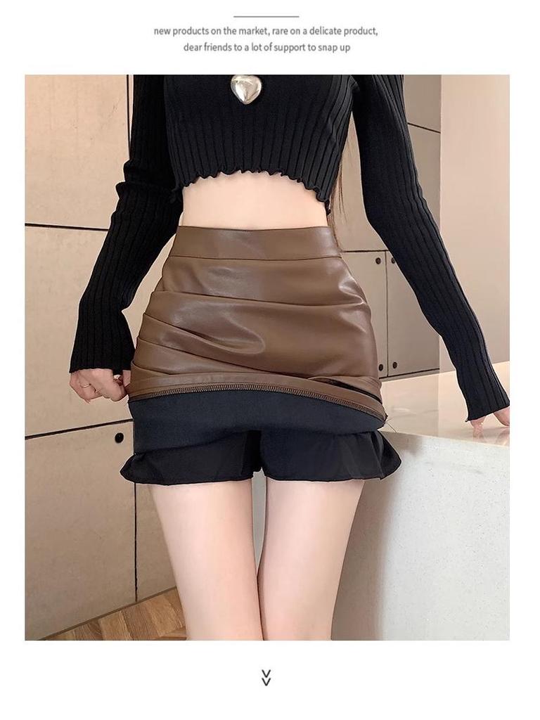 High-Waisted Black A-Line Irregular Leather Short Skirt for Women, Spring/Winter 2026