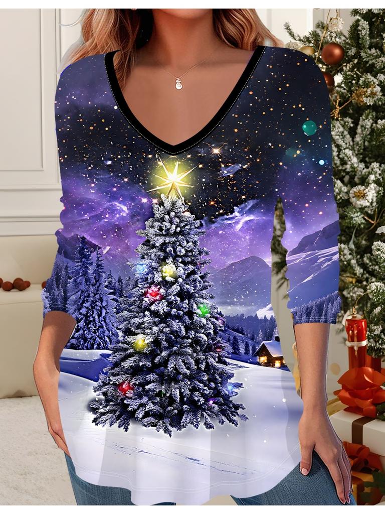 Modisches Lässiges Damen-T-Shirt mit 3D-Weihnachtsbaum-Aufdruck, V-Ausschnitt, Langarm - Kleidung für die Silvesterparty, Weihnachtsgeschenk