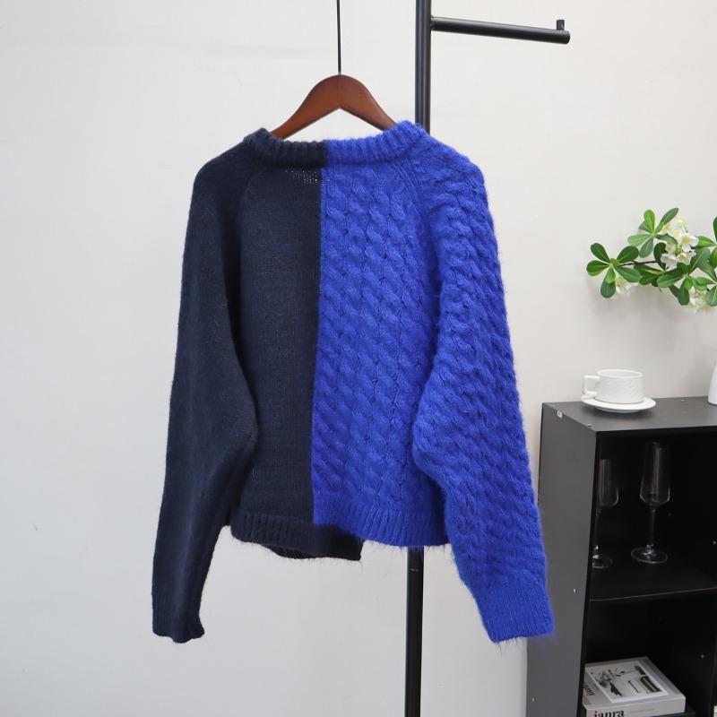 Autumn and Winter New Loose Casual Design Sweater Jacket Women's Semi-zipper Splicing Denim Knitted Sweater