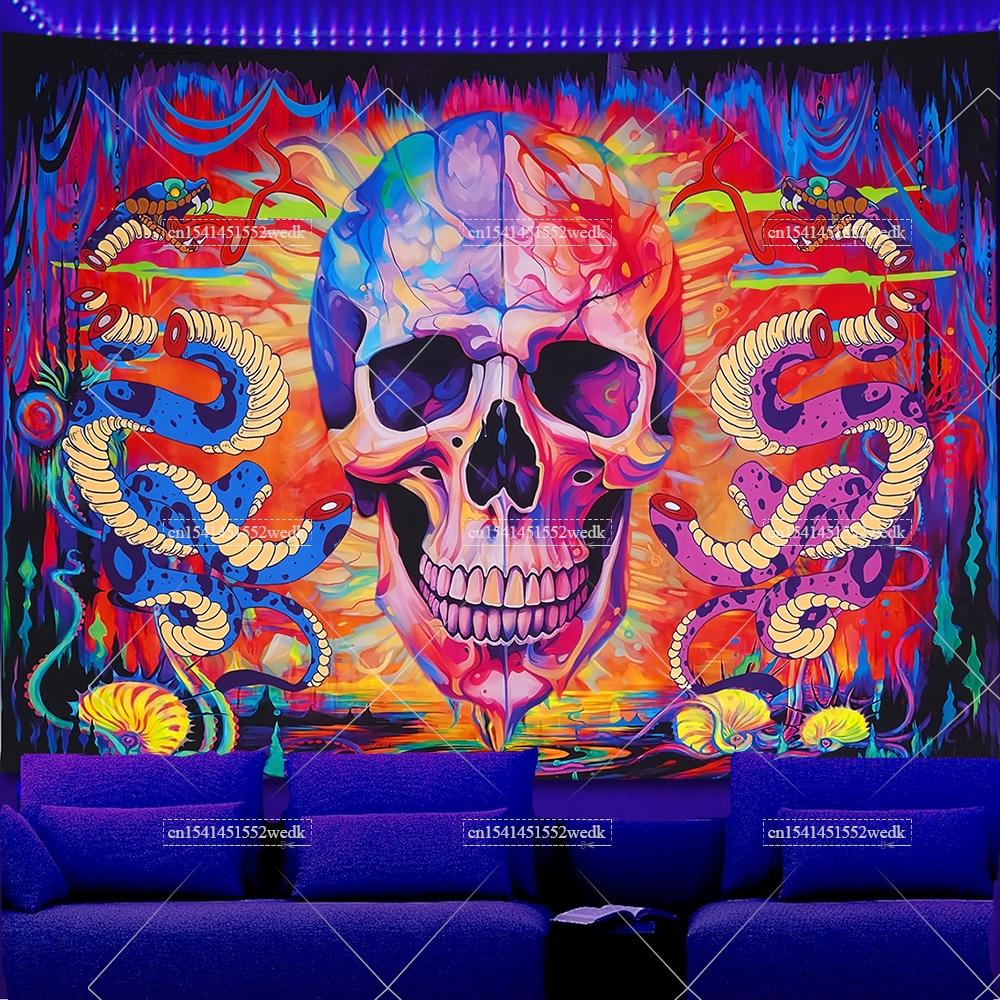 Skeleton Eye Blacklight Mushroom Tapestry UV Reactive Sun And Moon Neon Tapestrys Glow In The Dark Aesthetic Room Decor Posters