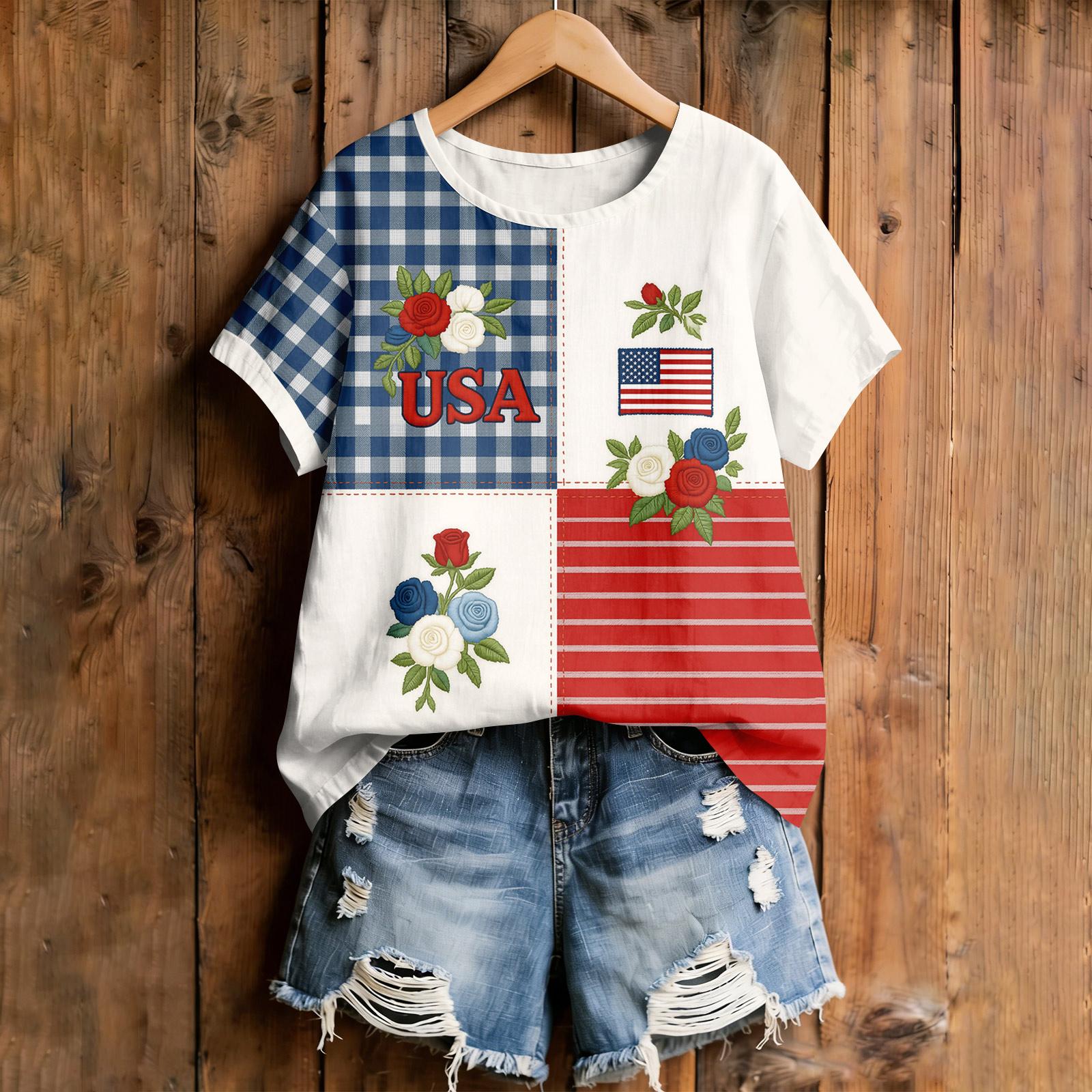 

Women Short Sleeve T Shirt USA Print Round Neck Casual Loose Fit Top with Distressed Denim Shorts Set for Summer XXL белый