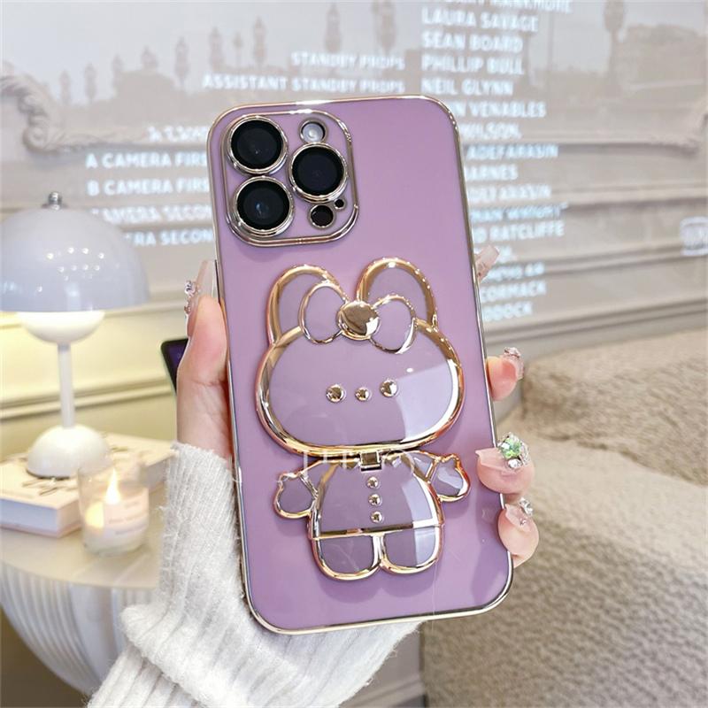 Lovely Rabbit Makeup Mirror Bracket Holder Plating Phone Case For Iphone 13 14pro 12 11pro Max X Xr Xs Protective Phone Holder