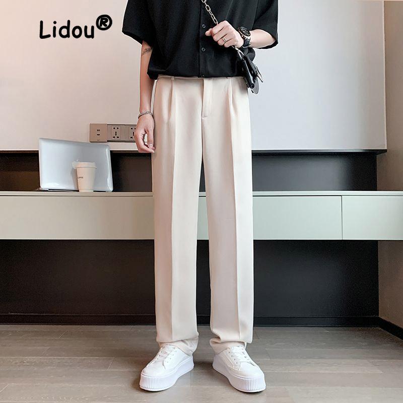 

Весна Лето Однотонные Мужские Деловые Брюки Классические Карманы Свободные Прямые Цилиндрические Повседневные Застежка-молния Кнопка Мужские Брюки XXXL дубильная кора