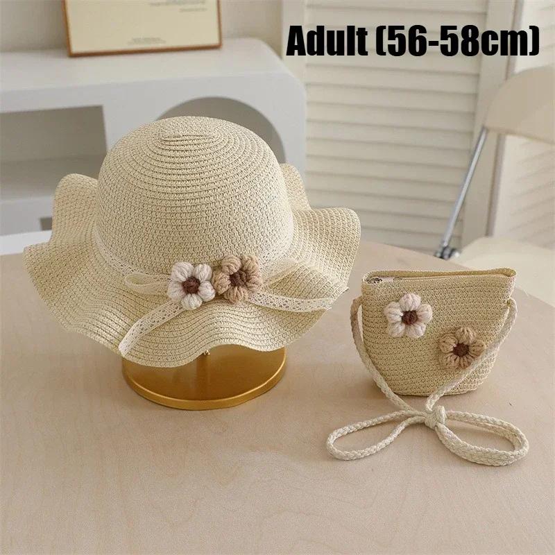 Summer Straw Hat and Bag Set for Girls 3D Flower Lace Bow Wide Brim Fisherman Cap and Crossbody Bag Cute Children's Sun Hat