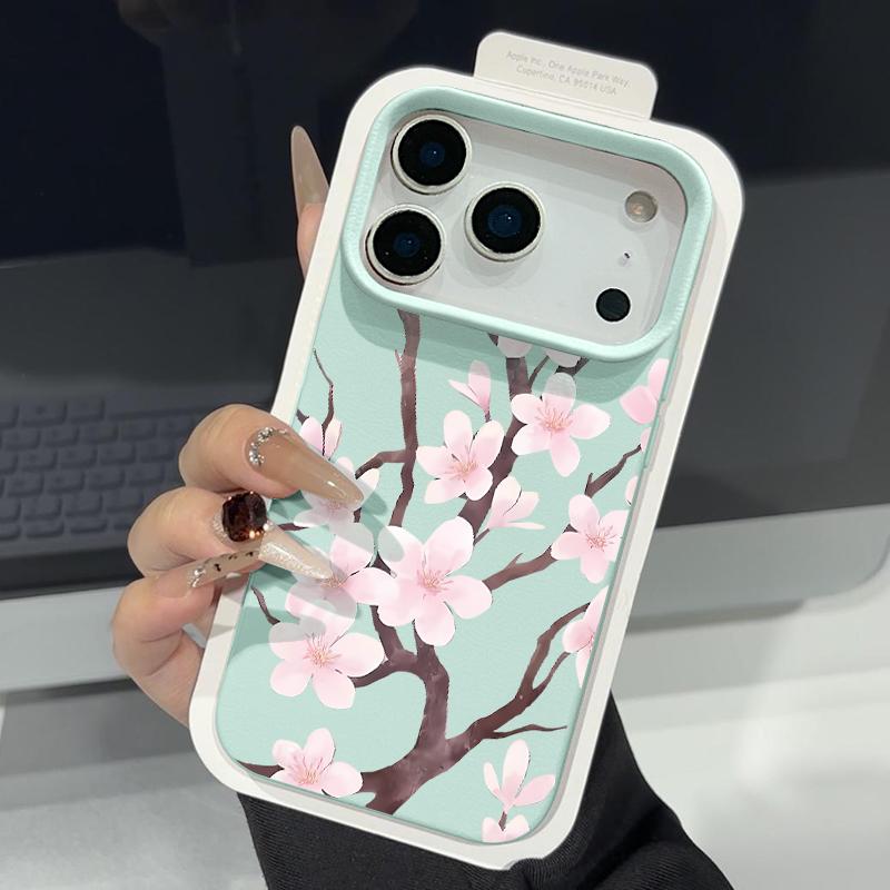 Hand-drawn Style Sakura Pattern Case For iPhone 17 Pro Max Leather Texture Soft Silicone Cover For iPhone 16 15 14 13 Pro 12 11 16E