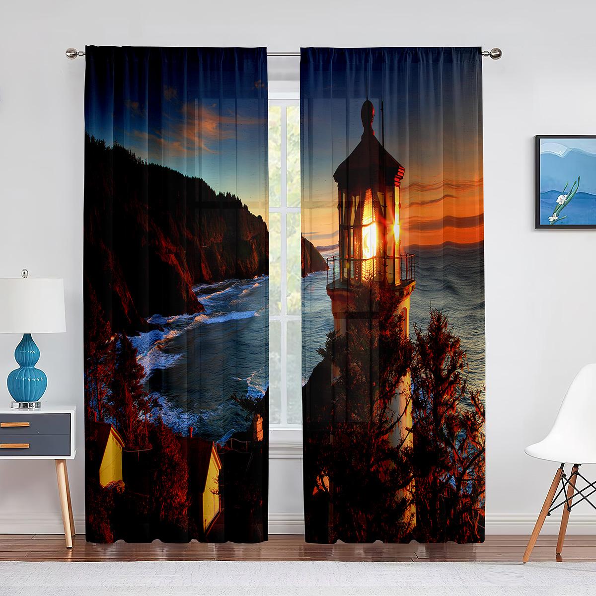 Маяк Восход Морского Побережья Пейзаж Прозрачная Вуаль Шторы для Гостиной Спальня Кухня — фото 13