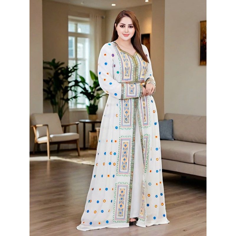 Cross-Border European and American Middle East Print Sequins Women Clothes New Fashion Dubai Robe Chiffon Travel Dress Dress
