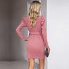 Women Autumn Winter Elegant V Neck Long Sleeve Solid Color High Waist Short Dress
