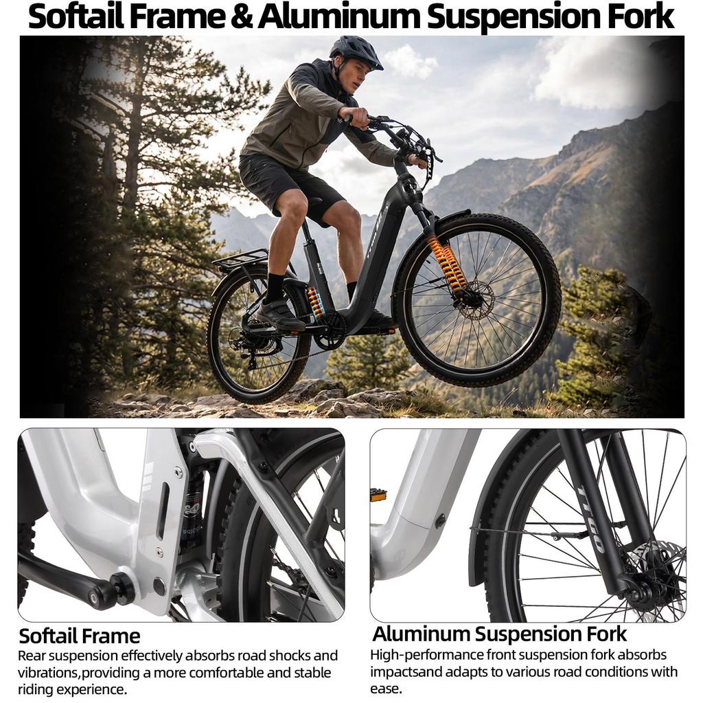Bicicletă Electrică TTGO E-SUVO Motor 250W Baterie 48V15Ah Autonomie Maximă 120km Anvelope 27.5“ × 2.4” Cadru Suspensie Completă Frâne cu Disc Hidraulice Shimano 7 viteze