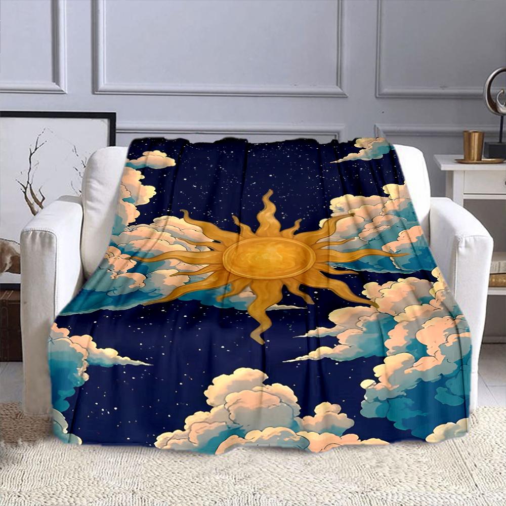 Golden Sun and Clouds On Starry Sky Patterned Flannel Blanket Perfect for the Bedroom Living Room, Sofa, or a Little Nap
