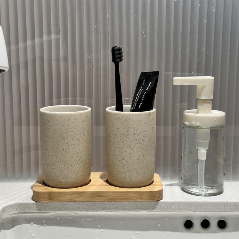 Japanese Style Ceramic Cup Set Hotel Home Bathroom - 280ml Sand Color Toothbrush Holder With Bamboo Tray