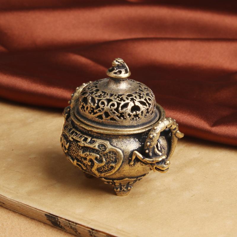 Brass Antique Style Chilong Sandalwood Incense Burner Home Decor Double Dragon Three-Legged Cauldron Feng Shui Ornament Wholesal