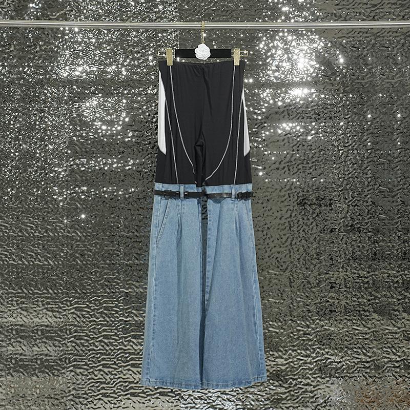 

New Women s Designer Strap Patchwork Pants, Contrast Topstitching Slim Fit Casual Trousers for Autumn Fashion L синій